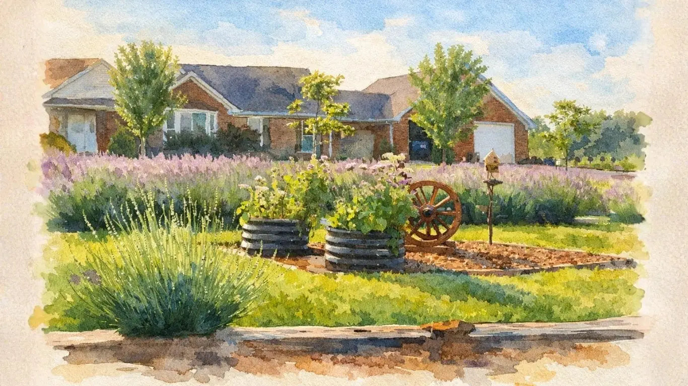 Watercolor painting of the Homestead Lavender Farm house, with lavender rows in the foreground