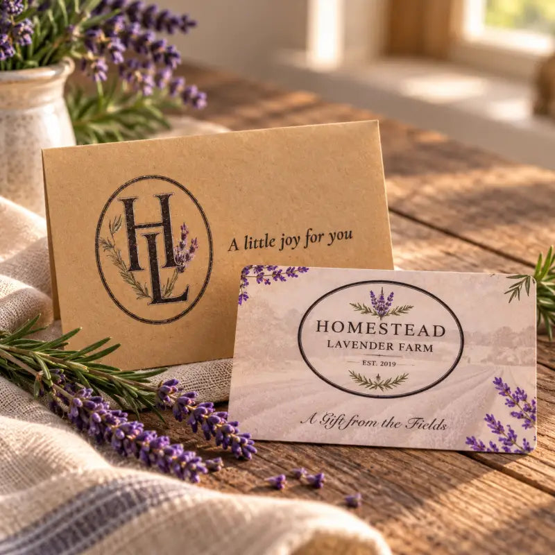 Homestead Lavender Farm gift card with kraft HL note card reading A little joy for you