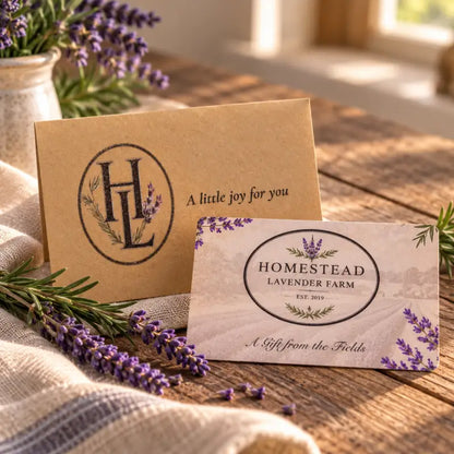 Homestead Lavender Farm gift card with kraft HL note card reading A little joy for you