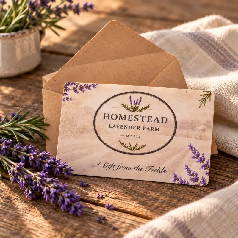 Homestead Lavender Farm printed gift card with kraft envelope, fresh lavender and rosemary on a wooden table