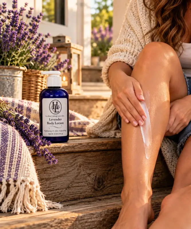 Applying Lavender Body Lotion to the leg beside the cobalt pump bottle