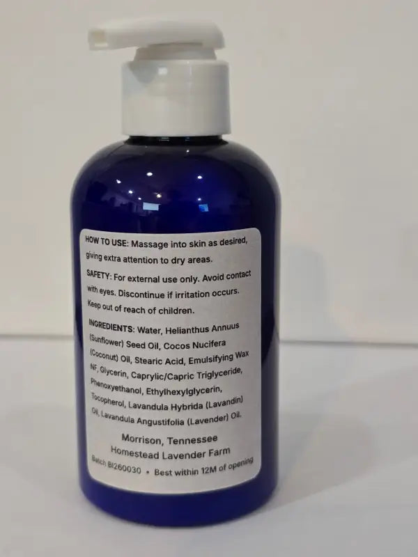 Back label of Lavender Body Lotion showing directions, safety notes and full ingredient list