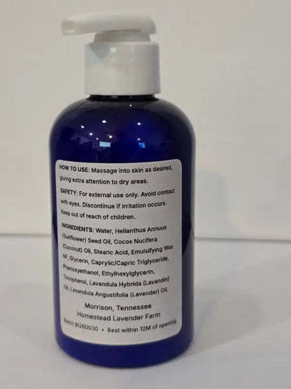 Back label of Lavender Body Lotion showing directions, safety notes and full ingredient list