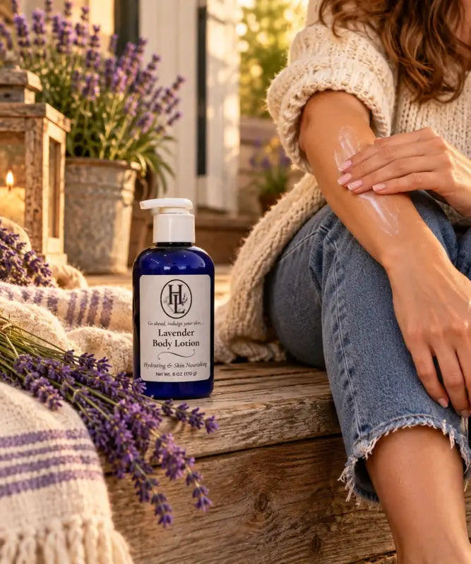 Smoothing Lavender Body Lotion onto the forearm on a sunny porch