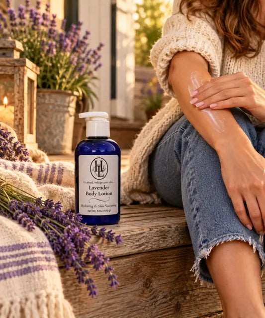 Smoothing Lavender Body Lotion onto the forearm on a sunny porch