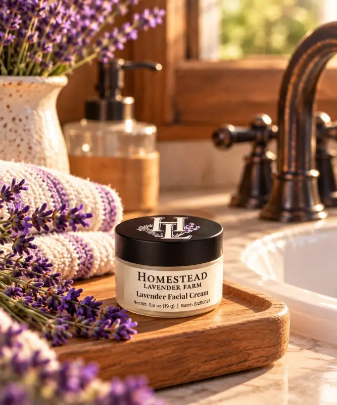 Lavender Facial Cream in a frosted glass jar with a black HL lid on a wooden tray beside a sink, Homestead Lavender Farm