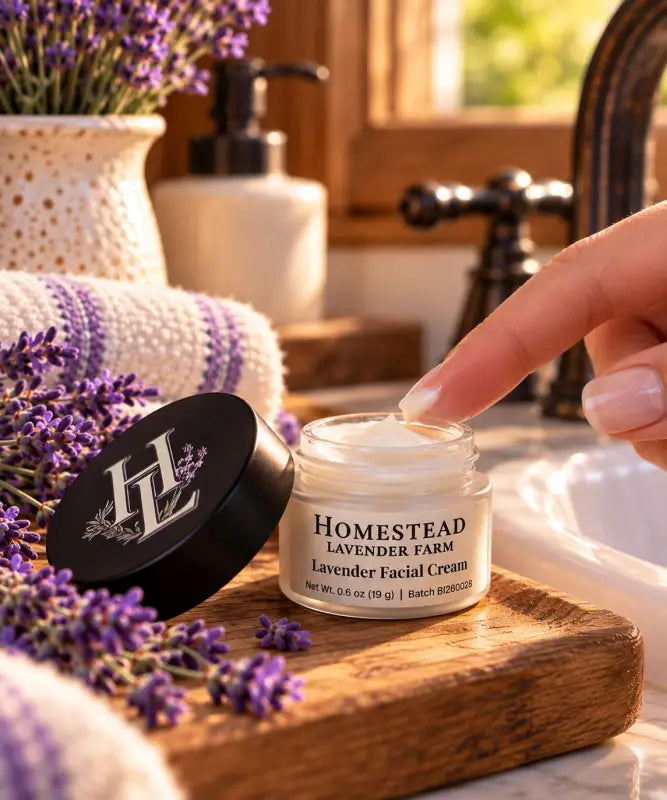 Fingertip dipping into the open jar of Lavender Facial Cream showing its soft texture