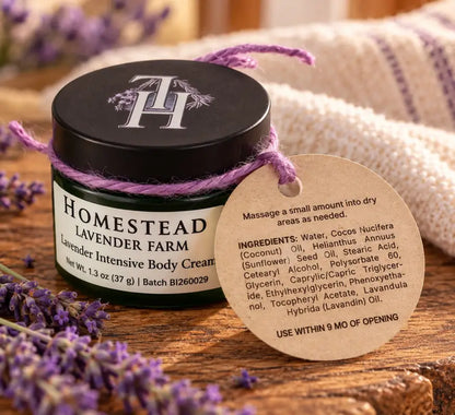 Back of the kraft tag on Lavender Intensive Body Cream showing directions and the full ingredient list
