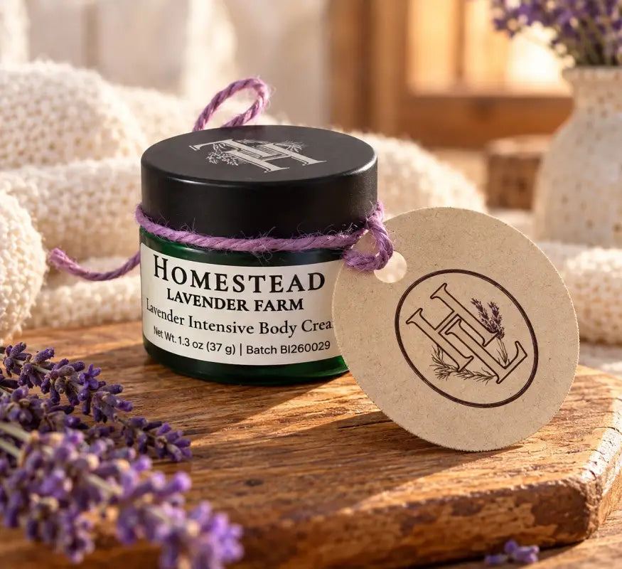 Lavender Intensive Body Cream tied with purple twine and a round kraft Homestead Lavender Farm tag