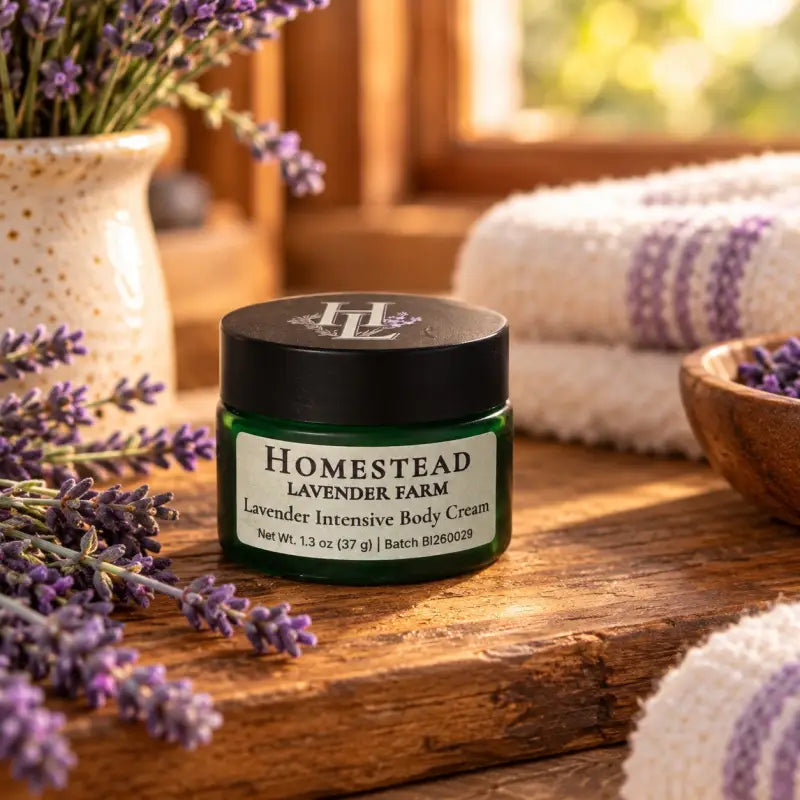 Lavender Intensive Body Cream in a green frosted glass jar on a wooden ledge with fresh lavender, Homestead Lavender Farm