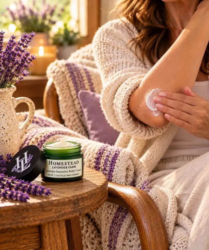 Smoothing Lavender Intensive Body Cream onto a dry elbow