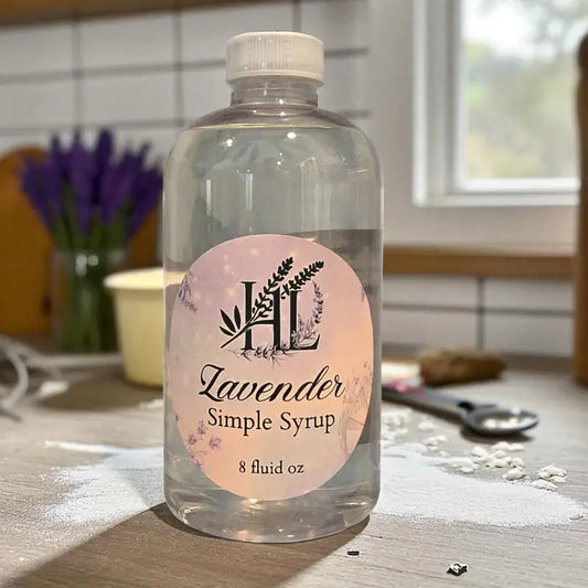 Bottle of Lavender Simple Syrup on a rustic kitchen table with baking tools, fresh lavender, and soft morning light in the background.