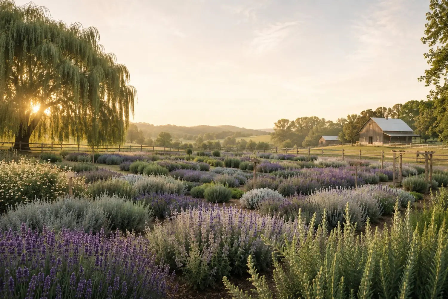 Sunrise over rows of lavender and rosemary at Homestead Lavender Farm in Morrison, Tennessee, with a willow tree and weathered barn in the distance.