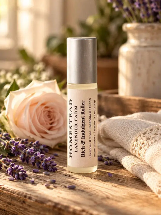 Rich & Indulgent lavender and rose pressure roller beside a blush rose and lavender sprigs, Homestead Lavender Farm