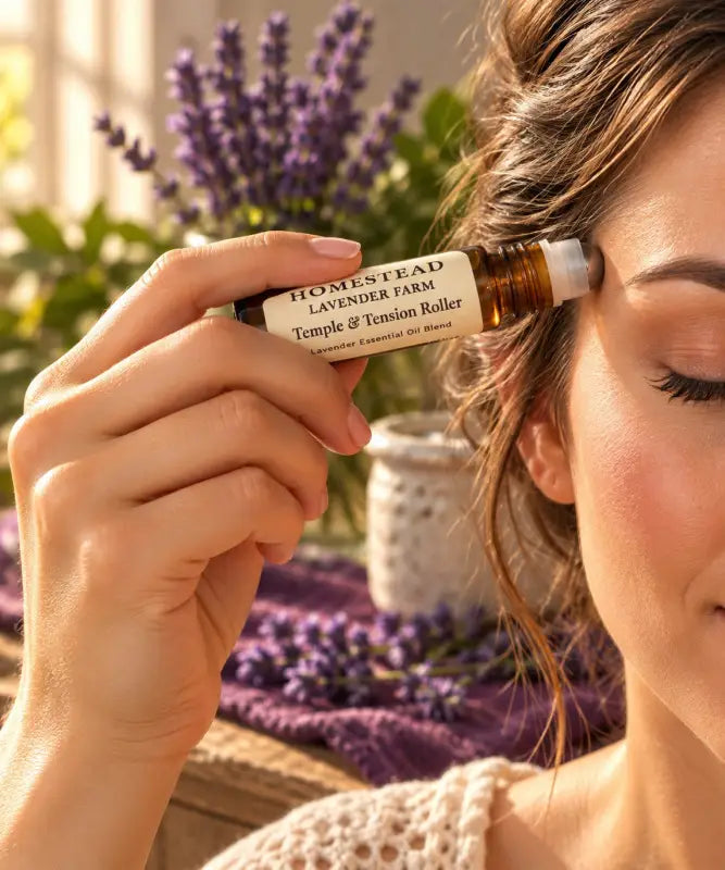 Woman rolling the Temple & Tension lavender roller on her temple, eyes closed