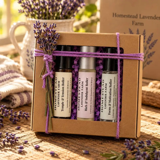 The Daily Moments gift set: Temple & Tension, Rich & Indulgent and Focus & Motivation rollers in a kraft window box tied with lavender twine