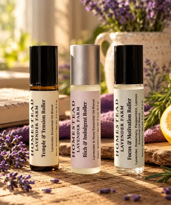 The three Daily Moments rollers side by side: Temple & Tension in amber glass, Rich & Indulgent in frosted glass, Focus & Motivation in clear glass